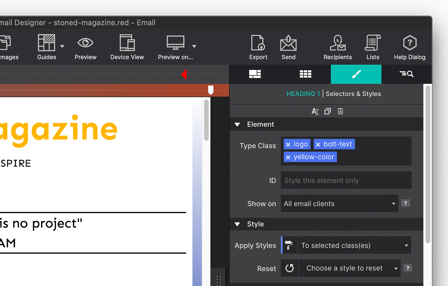 Email Designer — CSS classes and components